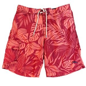 Tommy Bahama Swim‎ Trunks Mens Medium Red Floral Leaf Print Drawstring Swimsuit